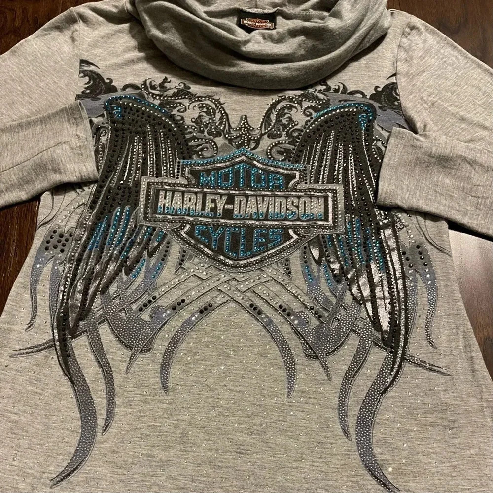 Harley Davidson Rhinestone Cowl Neck Long Sleeve Shirt Y2K - Picture 2 of 10
